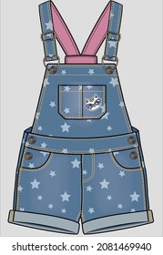 STAR PRINTED DENIM SHORTS DUNGAREE WITH BADGE FOR KID GIRLS AND TEEN GIRLS IN EDITABLE VECTOR FILE