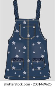 STAR PRINTED DENIM SKIRT DUNGAREE WITH POCKET FOR KID GIRLS AND TEEN GIRLS IN EDITABLE VECTOR FILE