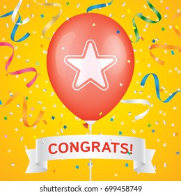 Star printed red ballon with white ribbon and colorfull confetti on a yellow background. Greeting card vector design.