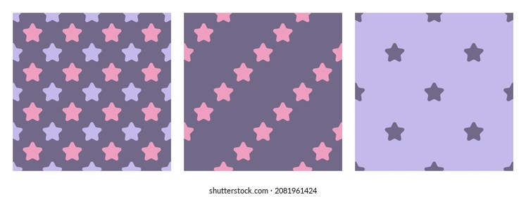 Star Prints For Girls. Set Of Patterns With Asterisks. Cute Pink Lilac Seamless Wallpaper. Adorable Magical Girly Backgrounds For Fabric, Scrapbooking, Cover. Vector Purple Ornament For Nursery Design