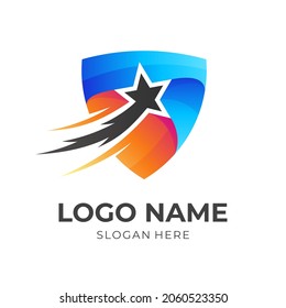 star protect logo template, star and shield, combination logo with 3d blue and orange color style