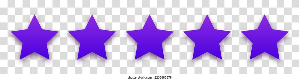 Star purple icon on transparent background. Customer feedback concept. Vector 5 stars rating review. Quality shape design. Vector yellow isolated five stars.