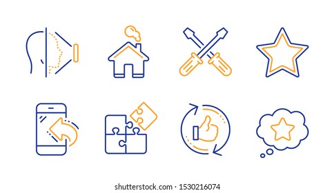 Star, Puzzle and Face id line icons set. Screwdriverl, Incoming call and Refresh like signs. Home, Loyalty star symbols. Best rank, Engineering strategy. Technology set. Line star icon. Vector
