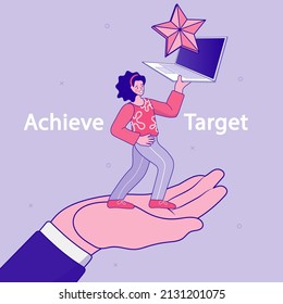 Star quality rating. Business goal to achieve target. Woman standing on a large hand, reaching out to pick up the star. EPS10 vector outline illustration