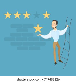 Star quality rating. Man picking the star on wall.