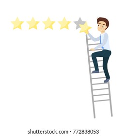 Star quality rating. Man picking the star on wall on white background.