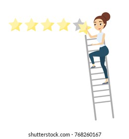 Star quality rating. Woman picking the star on wall.