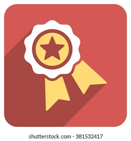 Star Quality Seal long shadow vector icon. Style is a flat symbol on a red rounded square button.