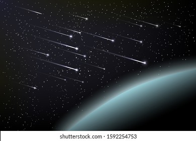 Star rain and planet earth in the night sky.Vector illustration of a falling stars on the black background.Meteor shower in space.Many flying meteorites among the galaxy.A rare astronomical phenomenon