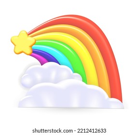 Star With Rainbow arc Tail from clouds. Icon isolated on white background. Fantasy symbol of good luck with glossy 3d star and Rainbow. Sign for Education Party Reaching Success. Vector illustration