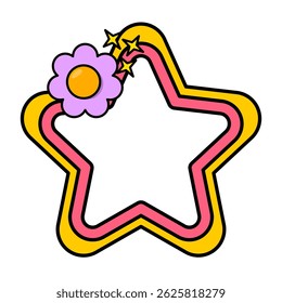 Star rainbow frame. Retro rainbow frame. Pop retro groovy frame with retro flowers.