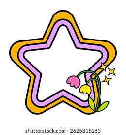 Star rainbow frame. Retro rainbow frame. Pop retro groovy frame with retro flowers.
