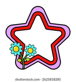 Marco del arco iris de la estrella. Marco de arco iris retro. Marco Pop retro groovy con flores retro.