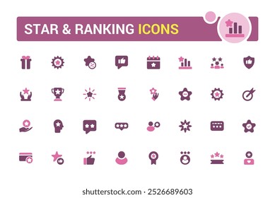 Conjunto de iconos colorido sólido relacionado con la clasificación y la estrella. Tales como clasificación por estrellas, primer lugar, correa de hombro y más. Colección de iconos de dos colores, paquete de signos editable.