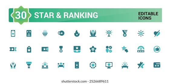 Star and ranking related solid colorfull icons set. Such as star rating, first place, shoulder strap and more. Two color filled icon collection, Editable sign pack.