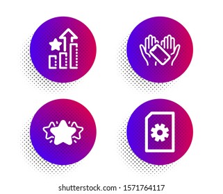 Star, Ranking stars and Smartphone holding icons simple set. Halftone dots button. File management sign. Favorite, Winner results, Phone. Doc with cogwheel. Technology set. Vector