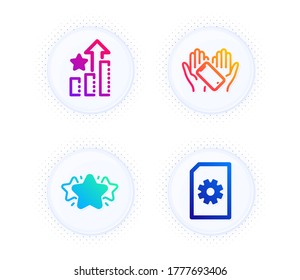 Star, Ranking stars and Smartphone holding icons simple set. Button with halftone dots. File management sign. Favorite, Winner results, Phone. Doc with cogwheel. Technology set. Vector