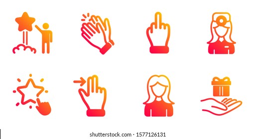 Star, Ranking star and Touchscreen gesture line icons set. Oculist doctor, Woman and Clapping hands signs. Middle finger, Loyalty program symbols. Launch rating, Click rank. People set. Vector