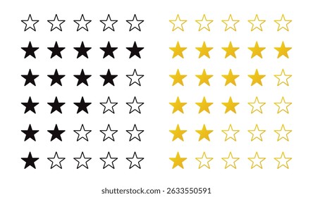 Stern-Rate-Icons, Vektorsatz. Stern Preis flach gelb und schwarz Stil. Vektorgrafik