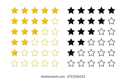 Conjunto de Vector de iconos de tasa de estrellas. Tarifa de estrella plana estilo amarillo y negro. Ilustración vectorial