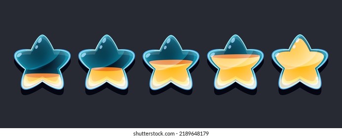 Star rating animation. Cartoon full and empty life indicator asset for 2D game, progress status star sprite for web and mobile app interface. Vector illustration of rating star achievement