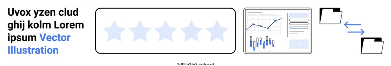 Star rating bar, analytics dashboard displaying charts, and file transfer icons. Ideal for business performance review, data analysis, customer feedback, productivity, digital marketing, data