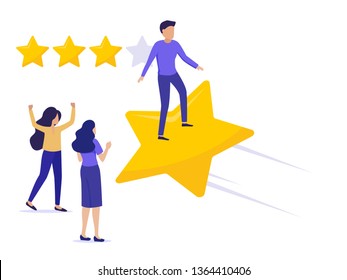 Star rating. Businessman flying on a gold star. Modern flat illustration of success. Concept of evaluation. Rating of the hotel, restaurant, mobile. Golden and purple colors design.