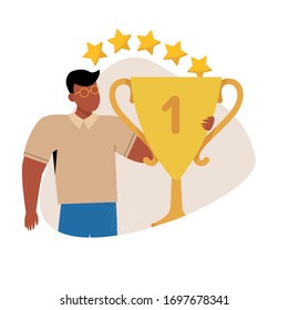 Star rating. Businessman with golden trophy and five stars. Modern flat illustration of success. Concept of evaluation. Rating of the hotel, restaurant, mobile. Golden and blue colors.