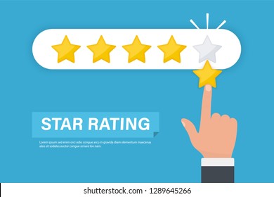 Star Rating. Businessman hand giving five star rating. Five stars customer product rating review flat icon. Feedback concept