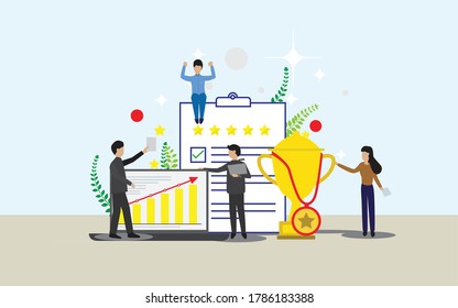 Star Rating. Businessman hand giving five star rating. Five stars customer product rating review flat icon. Feedback concept