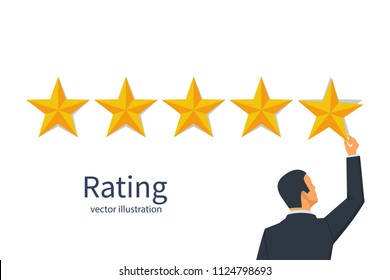 Star rating. Businessman holding a gold star in hand, to give five. Feedback concept. Evaluation system. Positive review. Vector illustration flat design. Isolated on white background. Quality work.
