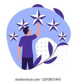 Star rating. Businessman holding a gold star in hand, to give five. Feedback concept. Evaluation system. Positive review. Vector illustration flat design. Isolated on white background. Quality work.