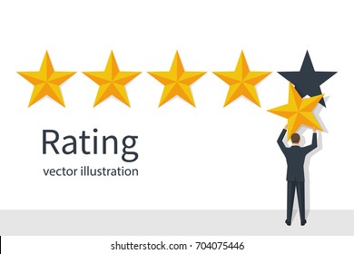 Star rating. Businessman holding a gold star in hand, to give five. Feedback concept. Evaluation system. Positive review. Vector illustration flat design. Isolated on white background. Quality work.