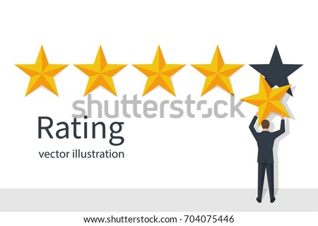 Star rating. Businessman holding a gold star in hand, to give five. Feedback concept. Evaluation system. Positive review. Vector illustration flat design. Isolated on white background. Quality work.