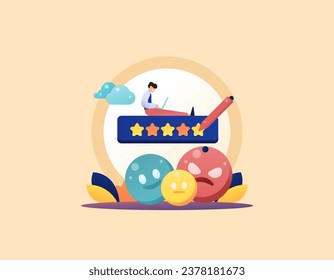 Star rating. The buyer or client gives a 5 star rating. customer responses. Customers are happy or angry. feedback, service ratings, and writing a review. illustration design concept. vector elements