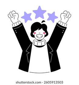 Star Rating Celebration: A joyful individual raises hands in celebratory gesture, adorned with three stylized stars, representing success and accomplishment