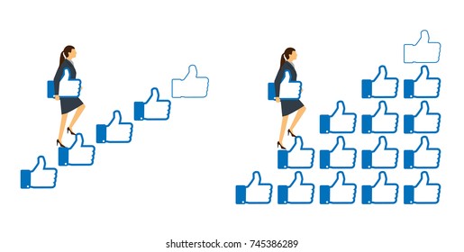 Star rating concept.  Businesswoman walking on stair step holding a like sign in hand, to give five. Feedback concept. Evaluation system.