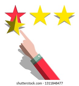 Star Rating Concept. Hand and Three Paper Cut Stars Stickers Vector Flat Design Illustration.