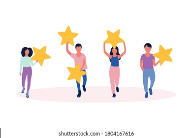 Concepto de clasificación por estrellas. Las manos sostienen a las estrellas en sus manos. Ilustración de vector plana colorida.