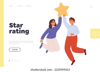 Star rating concept of landing page with man and woman hold high ranking symbol. People get positive customer or client feedback for quality. Satisfaction survey. Cartoon flat vector illustration