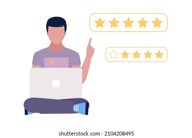 Star rating concept. Young character rates. Vector illustration in a flat style