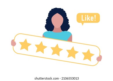 Star rating concept. Young character rates. Vector illustration in a flat style