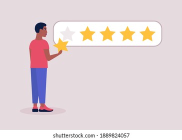 Star rating concept. Young man holds star in her hand. Colorful flat vector illustration.