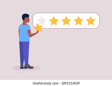 Star rating concept. Young man holds star in her hand. Colorful flat vector illustration.