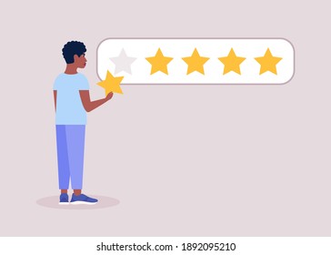 Concepto de clasificación por estrellas. Joven sostiene a la estrella en su mano. Ilustración de vector plana colorida.