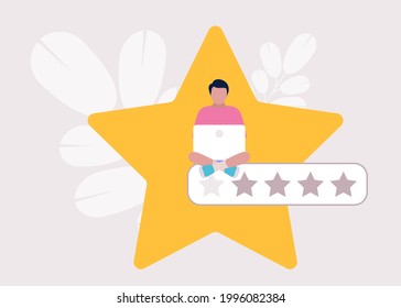 Star rating concept. Young man rates. Colorful flat vector illustration.