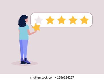 Star rating concept. Young woman holds star in her hand. Colorful flat vector illustration.