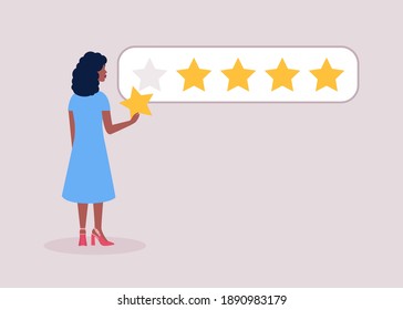 Star rating concept. Young woman holds star in her hand. Colorful flat vector illustration.