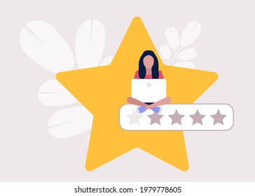 Star rating concept. Young woman rates. Colorful flat vector illustration.