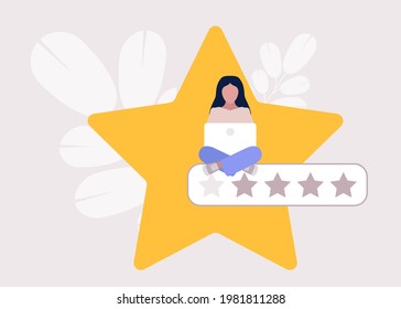 Star rating concept. Young woman rates. Colorful flat vector illustration.